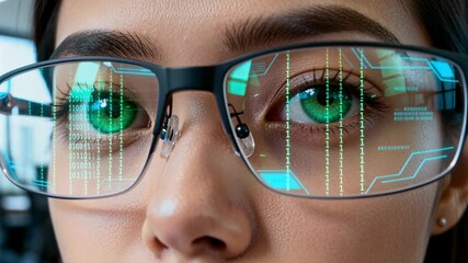 Close up of woman wearing glasses reflecting green binary code and digital data interface in modern technology workspace - Powered by Adobe