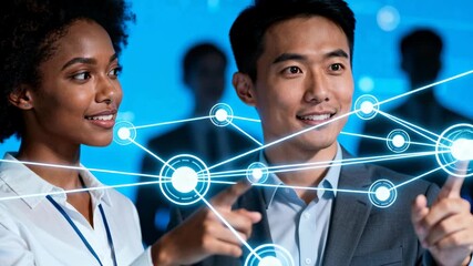 smiling diverse business team interacting with futuristic digital interface and data connections in modern innovative office environment - Powered by Adobe