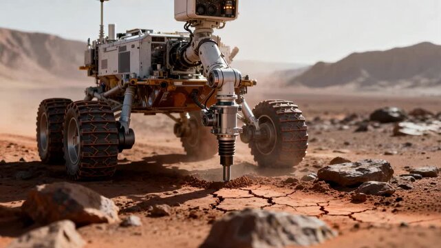 Autonomous mars rover drilling cracked red desert soil for geological analysis amid dust cloud in barren extraterrestrial landscape