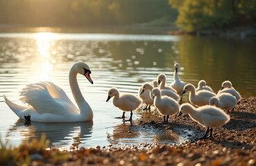 Adult white swan with cygnets on lake shore at sunset. Small fuzzy birds explore rocky ground near water. Family group gathers by tranquil pond under warm golden light.