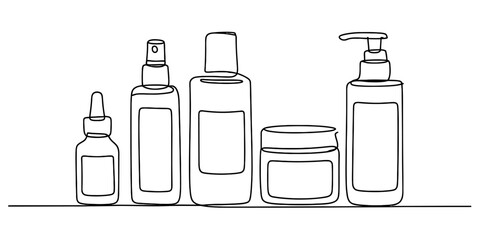 A continuous line art drawing of various cosmetic product bottles and containers Vector, illustration © Creative_Oneline