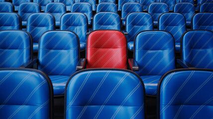 Naklejka premium Single red chair stands out in a sea of blue seats