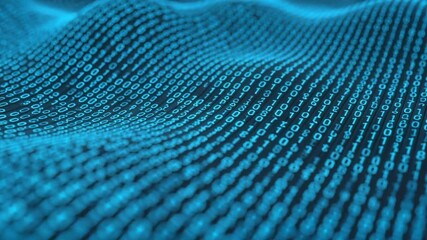 Flowing digital binary code waves forming abstract data landscape with glowing blue zeros and ones representing information networks - Powered by Adobe