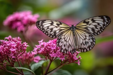 Fototapeta premium A butterfly with intricate wing patterns perched on vibrant pink flowers, blurry background
