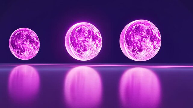 Glowing purple orbs hover and reflect on smooth surface in vibrant sequence