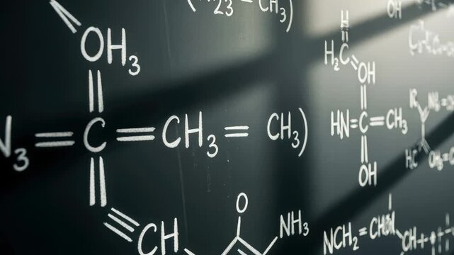 organic chemistry formulas drawn on classroom chalkboard with molecular structures, chemical bonds and science equations in soft focus
