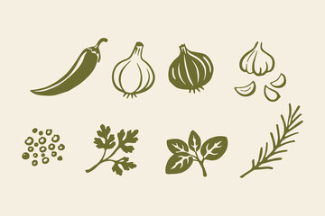 Herbs and garlic doodle line icon set vector illustration © Victoria