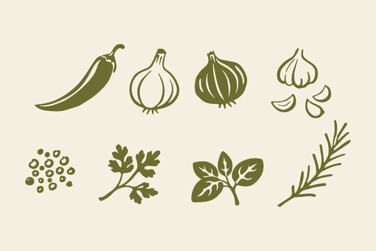 Herbs and garlic doodle line icon set vector illustration