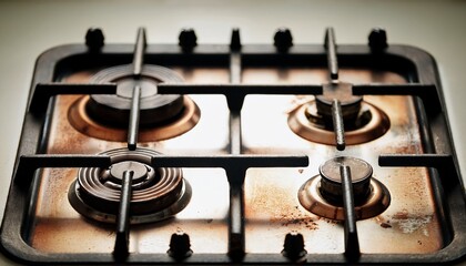Close Up Of A Stained And Dirty Gas Stovetop With Four Burners And Grates