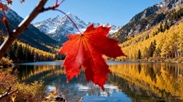 red maple leaf with vibrant autumn forest and snow capped mountains reflecting in calm alpine lake under clear blue sky