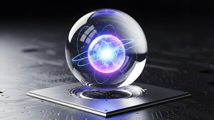 Glowing atom model in glass sphere on circuit board background