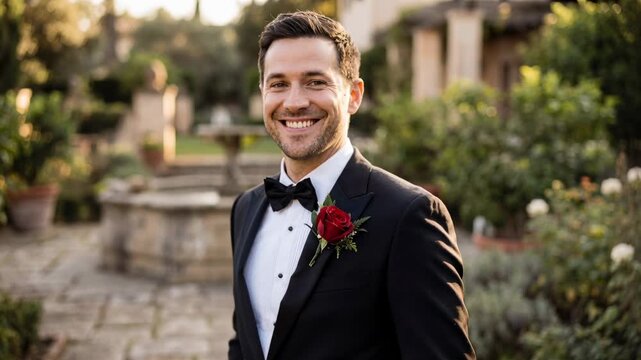 Elegant groom in classic black tuxedo adjusting red rose boutonniere in romantic garden courtyard at golden hour