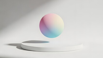Vibrant pastel sphere hovering above modern white platform