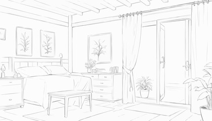 Sketch of a cozy bedroom interior, modern design concept