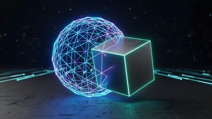 Neon lit geometric shapes in futuristic digital environment