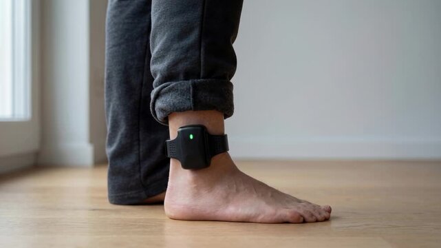 Close up of person fastening electronic ankle monitor on bare foot at home, concept of surveillance, control and personal freedom