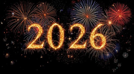 Happy New Year's Eve, Silvester, New Year's Eve, Celebration Greeting Card, New Year's Card, Year 2026 with fireworks and sparkler font pyrotechnic fireworks on a backdrop of a pitch-black night sky