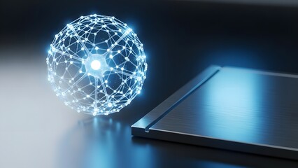 Glowing neural network sphere on modern tablet device