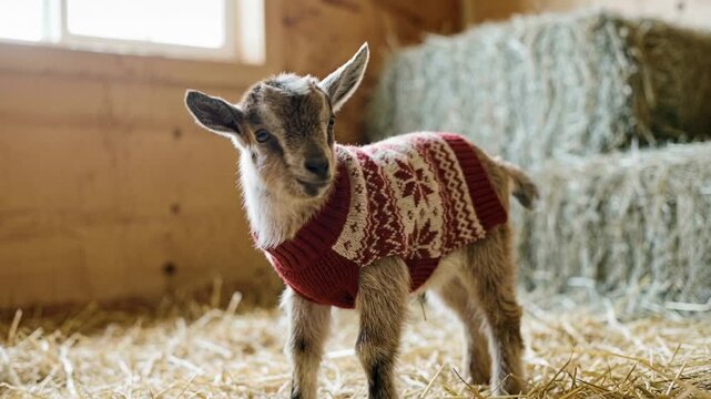 Adorable baby goat wearing cozy red patterned sweater standing on straw in warm rustic barn with soft natural window light