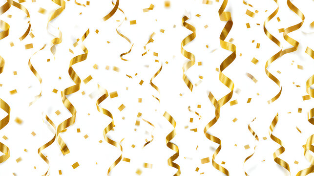 falling gold confetti and streamers seamless pattern on white background