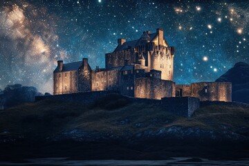 Naklejka premium Eilean Donan Castle under a starry sky at night captures a magical atmosphere