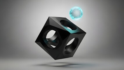 Futuristic black cube with glowing blue orb floating above