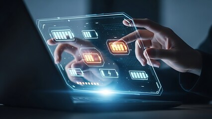Hands interacting with a transparent digital credit card displaying financial data