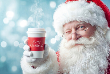 Close-up of a smiling Santa Claus in a classic costume. He is winking and holding a paper cup with a hot drink; the red cuff has the inscription 'Merry Christmas'.
