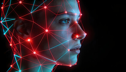 3d digital illustration of a young woman face with a red and blue biometric scanning mesh representing artificial intelligence facial recognition and advanced identity verification