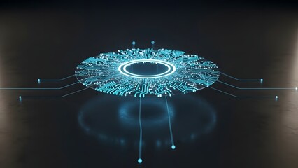 Glowing blue circuit board with neon connections on dark background