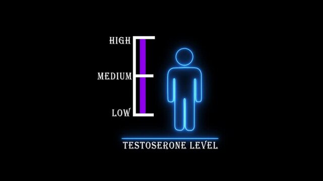 Neon silhouette of a person with a bar graph indicating low testosterone level on a dark background hormone chart