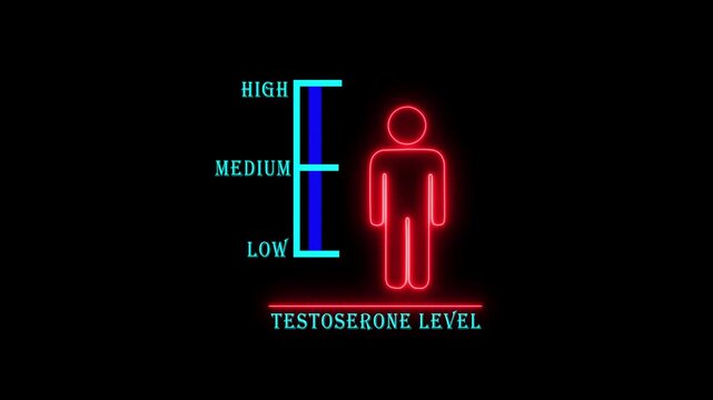 Neon silhouette of a person with a bar graph indicating low testosterone level on a dark background hormone chart