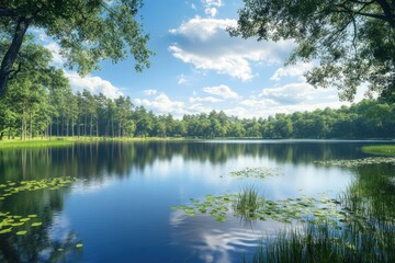 Fototapeta premium Peaceful lake surrounded by lush trees under a clear blue sky during midday
