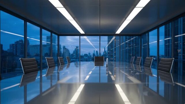 Futuristic Glass Boardroom Table at Blue Hour with Smart City Skyline View Orbit