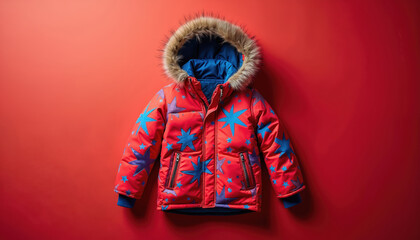 Bright red winter jacket for kids adorned with blue and purple stars. Features a faux fur trimmed hood and cozy lining, perfect for cold weather fun and style.