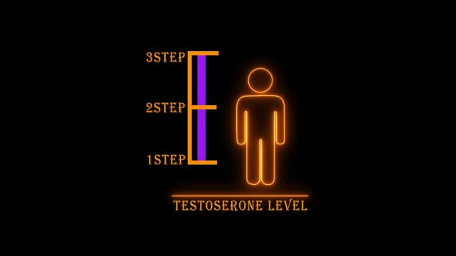 Neon outline of a person with a bar graph indicating low testosterone level on a dark background hormone chart
