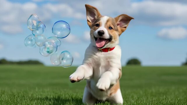 Playful cute puppy cartoon chasing soap bubbles in green field