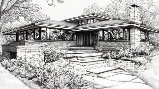 Black and white sketch of a modern prairie house with large windows and a chimney, surrounded by trees and landscaped garden.