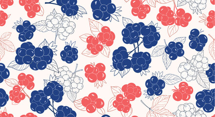Naklejka premium Beautiful seamless pattern of hand drawn blue and red berries with delicate leaves and branches on a creamy background.