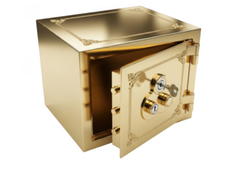 A vintage metal safe with its door ajar isolated on transparent background