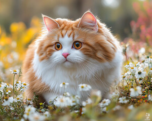 Fluffy ginger white cat sitting in a meadow of wildflowers. Soft natural light, shallow depth of field, dreamy atmosphere, cute pet portrait with calm mood