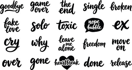 Set of anti-valentine and breakup typography. Vector black handwritten words including fake love, toxic, game over, and goodbye for t-shirt design.