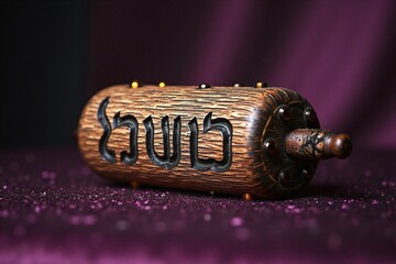 Decorative mezuzah on purple fabric with sparkling accents