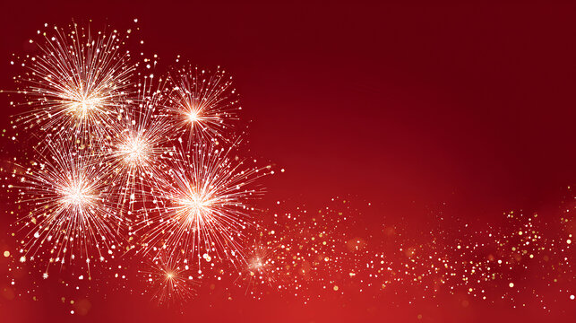 Festive fireworks. White gold firework on top border of red background, festive Christmas and New Year celebration. Holiday cards, banners, party invites. Vector illustration