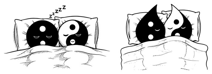 Yin Yang Couple Sleeping in Bed Vector &ndash; Cute Tao Symbols Snuggling Under Blanket Comic Illustration, Adorable Black and White Cartoon for Love and Balance Concepts