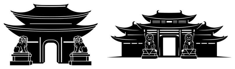 Traditional Chinese Temple Gate Vector &ndash; Classic Pagoda Entrance with Guardian Lion Statues, Detailed Oriental Architecture Illustration