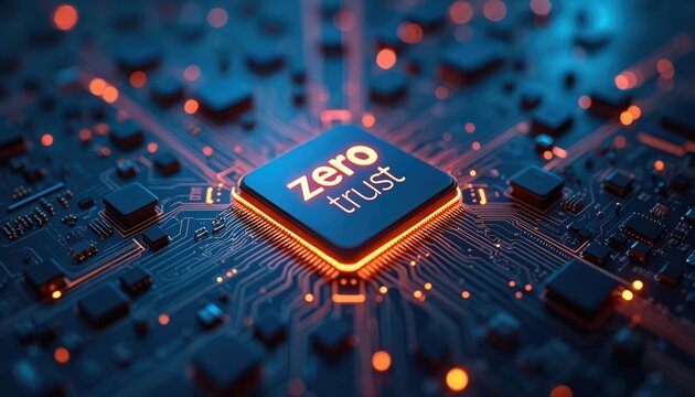 Digital circuit board with glowing central processor showing zero trust text concept. Secure network technology and data protection symbol, intricate pathways and components glow.