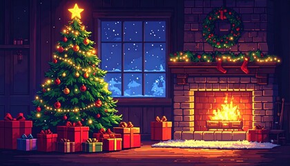 Pixel Art Christmas Scene: Festive Room with Decorated Tree and Fireplace