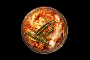 Close-up view of traditional Korean kimchi showing detailed texture of fermented cabbage with seasonings, presented as part of Korean cuisine and healthy eating lifestyle.