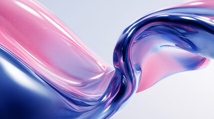 Smooth organic liquid blob with blended light pink and electric blue gradient, featuring high gloss and iridescent oil reflections floating in white space.